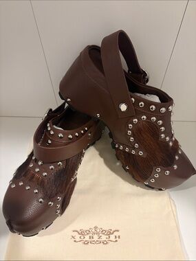 Studded Brown Leather Mules with Back Strap